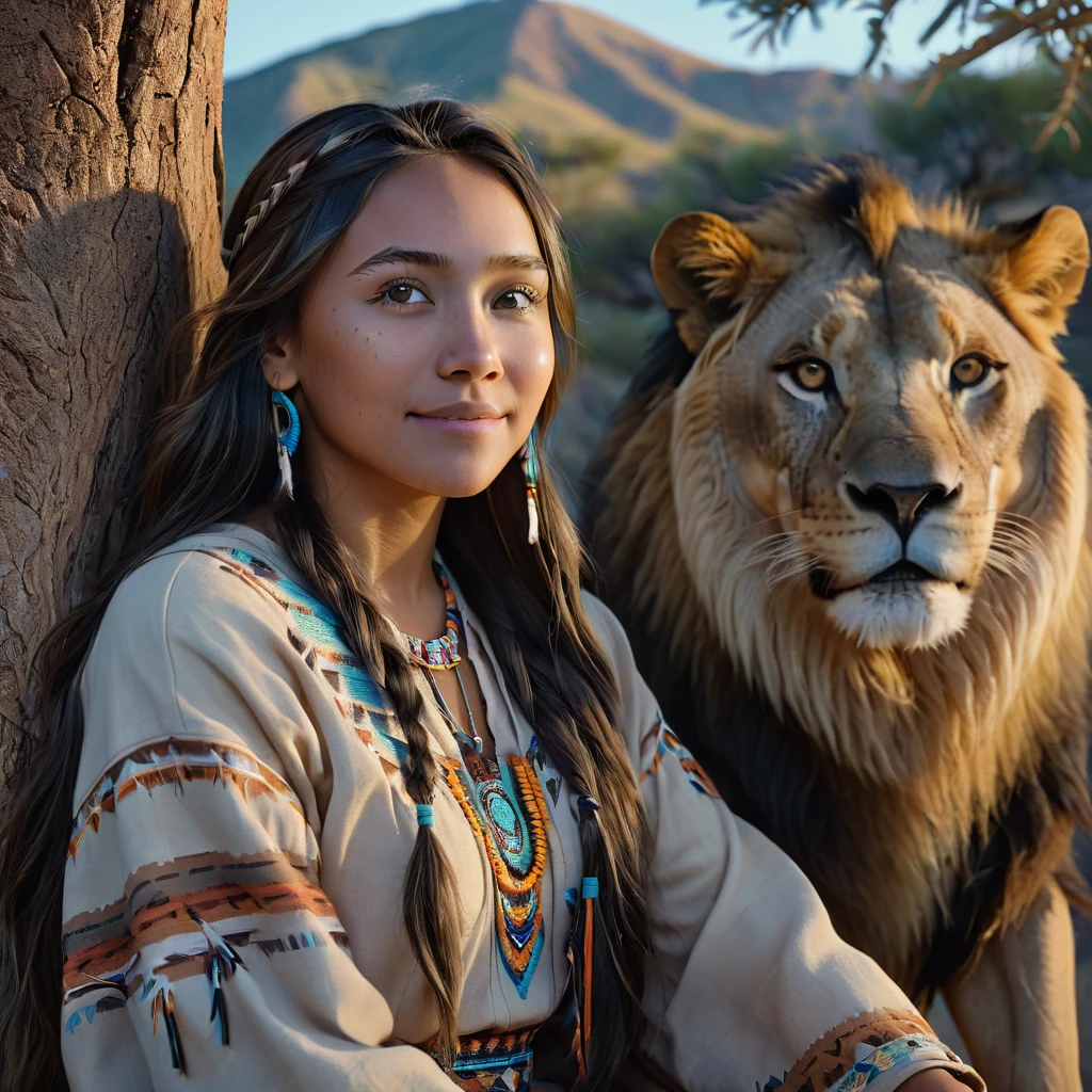 (grainy:0.5), cinematic, beautiful girl 25 year old,native american,fantasy,(solo:1.3), detailed eyes, detailed face, detailed native american clothing , volumetric lighting, dusk, extremely detailed background, standing next to tree and mountain, smiling, half closed eyes, tilted head, from side, sitting next to her lion