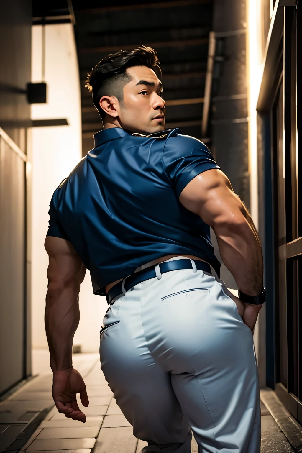 40-year-old boy Japanese muscular male in white police uniform., wearing navy blue satin trouser...........gooning seductive expression.................... dripping on body and pants...................., arching back............... looking back to the camera. [[ big unrealistic butt,]] hairy legs.................. muscular thigh......................close up on butt........low angle camera.......... muscular thigh........... night dark alley