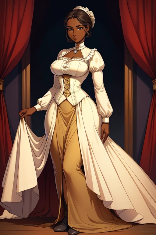 A beautiful Aristacrat woman with soft facial features who embodies old fashioned class, sophistication, elgance as well as wholesome, natural beauty. curvy, thin-waist, wide-hips, swaying-hips. Oppulent historically accurate victorian dress. dark skin
