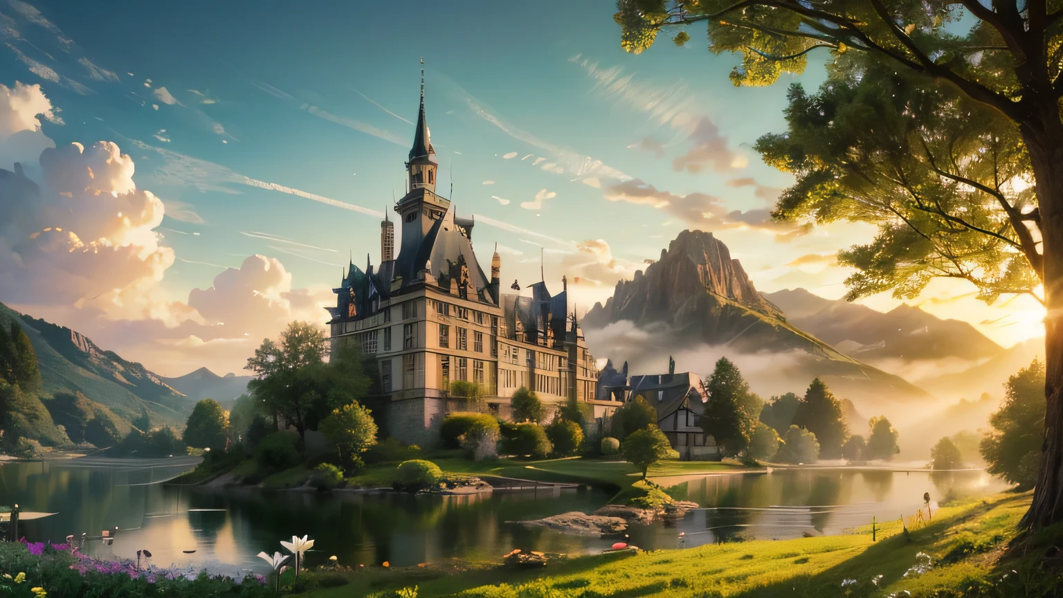 pretty fairytale chateaux with ornamented fantasy garden in a wide valley,huge dramatic mountains in the distance,natural ponds with fish lilies bogwood insects rocks, plants flowers shrubs trees moss lawns grass,sunset and strong sunbeams,very hazy and misty,extreme details,photorealistic,4k,HD,beautiful,nature,