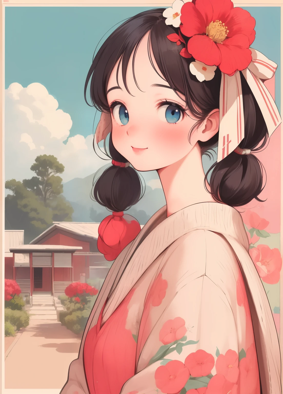 (masterpiece、Highest quality、Highest quality、Official Art、Beautiful and beautiful:1.2)、(One girl:1.3)Hatsune Miku、Twin tails,Beautiful breasts, Katsushika Hokusai,masterpiece,Highest quality,Very detailed,High resolution,Very detailedCG,Trick him?Fantastic details,Very detailed肌,Perfect Anatomy,Cowboy Shot,One girl,Pronunciation of notes,woman,Shrine maiden,blue eyes,lipstick,eyeliner,Medium chest,smile,Medium Hair,Black Hair,Shrine maiden服,wariza,I have a photo of a large bouquet of many different kinds of flowers.,Glossy old advertising poster, Vintage Posters, Poster Vintage, Retro Posters, enoch bolles, 1940s propaganda posters, Joseph Brant, inspired by Art Frahm, beautiful retro art, art deco poster, Vintage Posters style, Hidden Ads