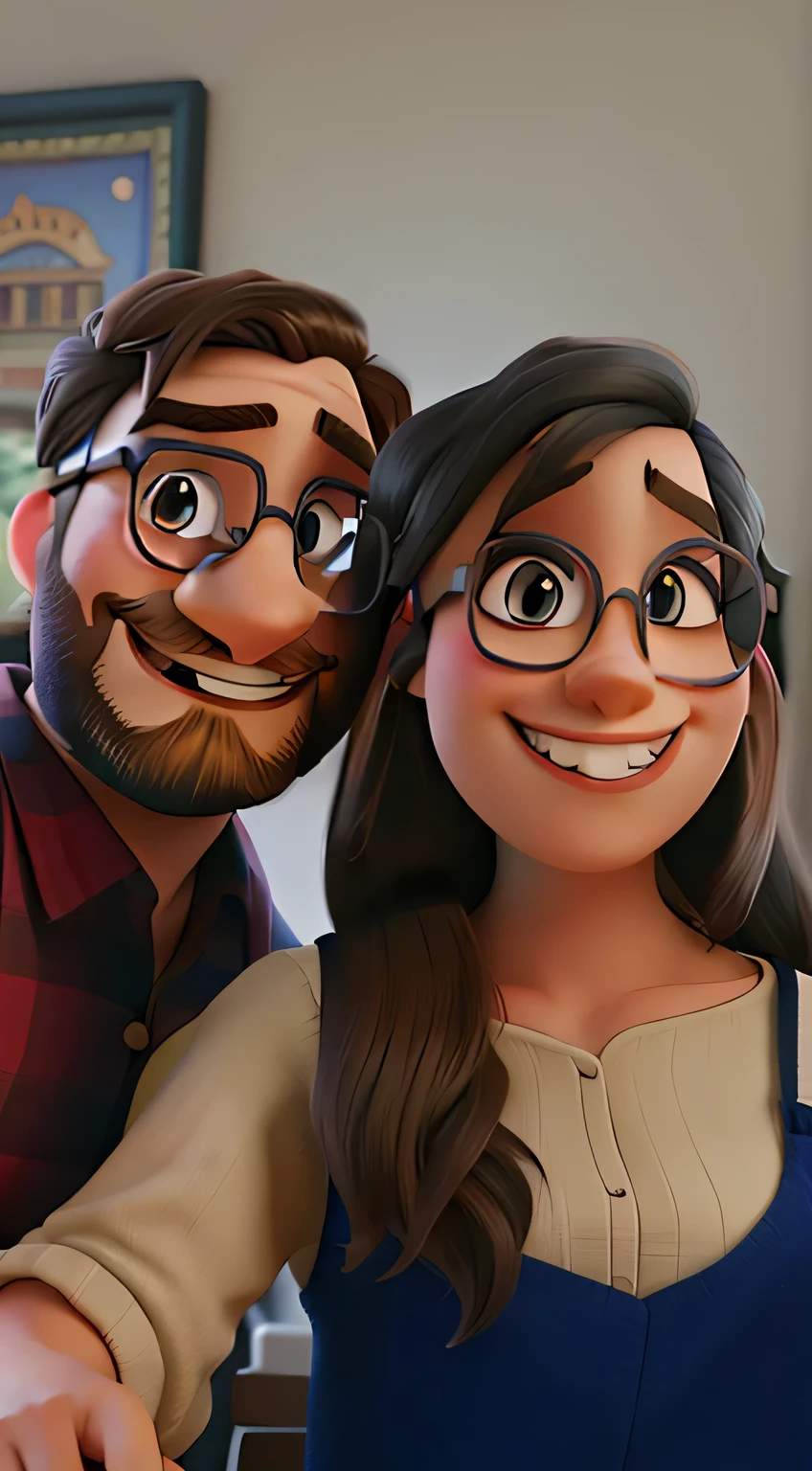 couple (bearded man and woman with glasses smiling) Disney pixar style best quality