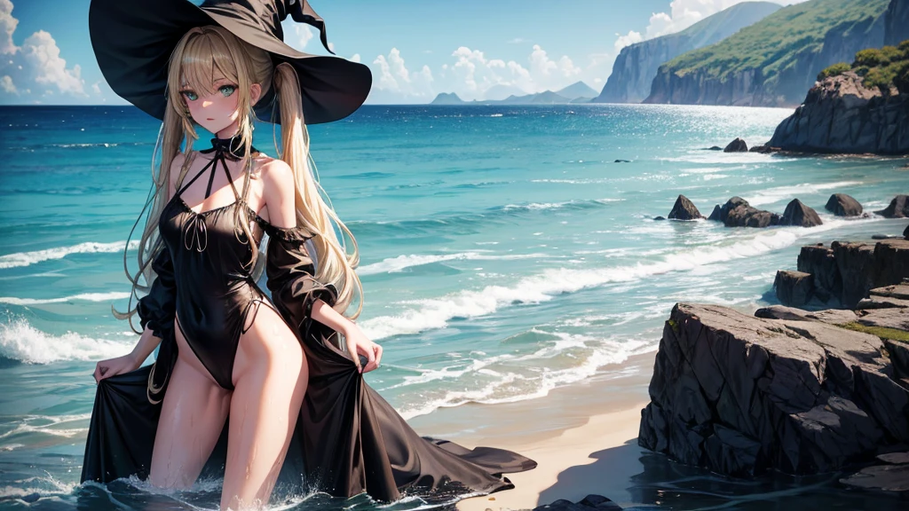 very slender. Long, blonde hair. She has green eyes. pigtails tied wearing a large witch hat. Wearing a black swimsuit, wet clothes, beach background, full body portrait,