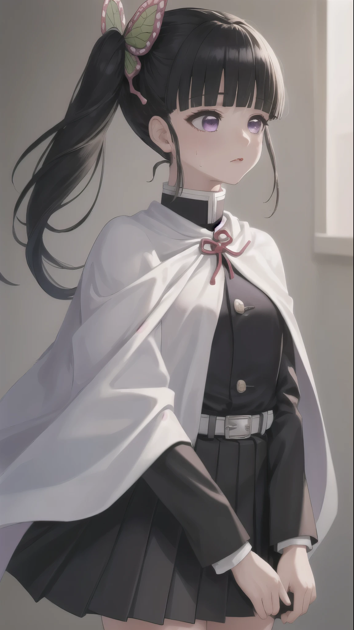 masterpiece, Highest quality, High resolution,
Kanao Def, One girl, alone, Purple eyes, Black Hair, Long Hair, blunt bangs, bangs, hair ornaments, bug, butterfly, Side Ponytail, butterfly hair ornaments,
skirt, Long sleeve, Jacket, black Jacket, pleated skirt, belt, black skirt, knees, buckle, Sheathed, belt buckle, white belt, Cape, white Cape, Demon Slayer uniform, Kimetsu no Yaiba,
Upper Body, topless,Climax,Sweat,Small breasts,Flat Chest