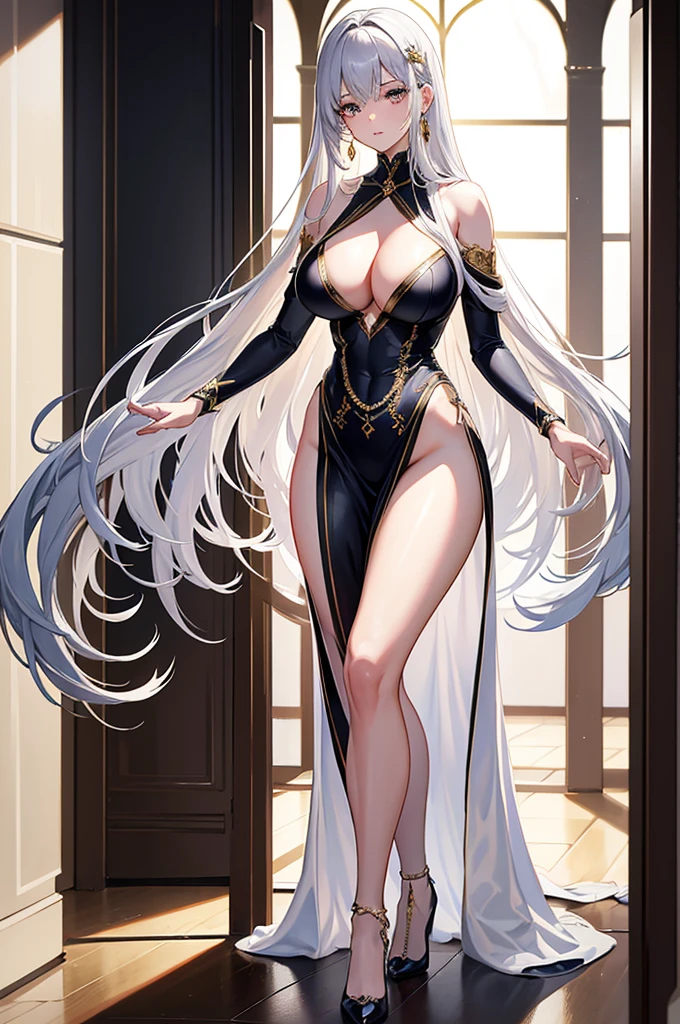 highest quality, ultra high resolution, super detailed, gorgeous, masterpiece, best quality, high resolution finely detailed, extremely beautiful, distinct image, beautiful mature young woman at the peak of her beauty, silver-gun metal hair, divine golden colored eyes, athletic physique, cold face, big breasts, narrow waist, pear shaped figure, tall height(180cm), long slender legs, lightning in her hands, elegant form-fitting body covering dress