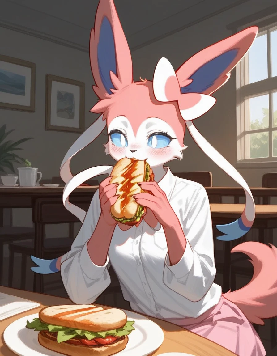 alone, score_9,score_8_up,score_7_up, anthro female sylveon, blue sclera, white eyes, wearing white shirt, pink skirt, sitting, indoors, eating a long sandwich, blushing.