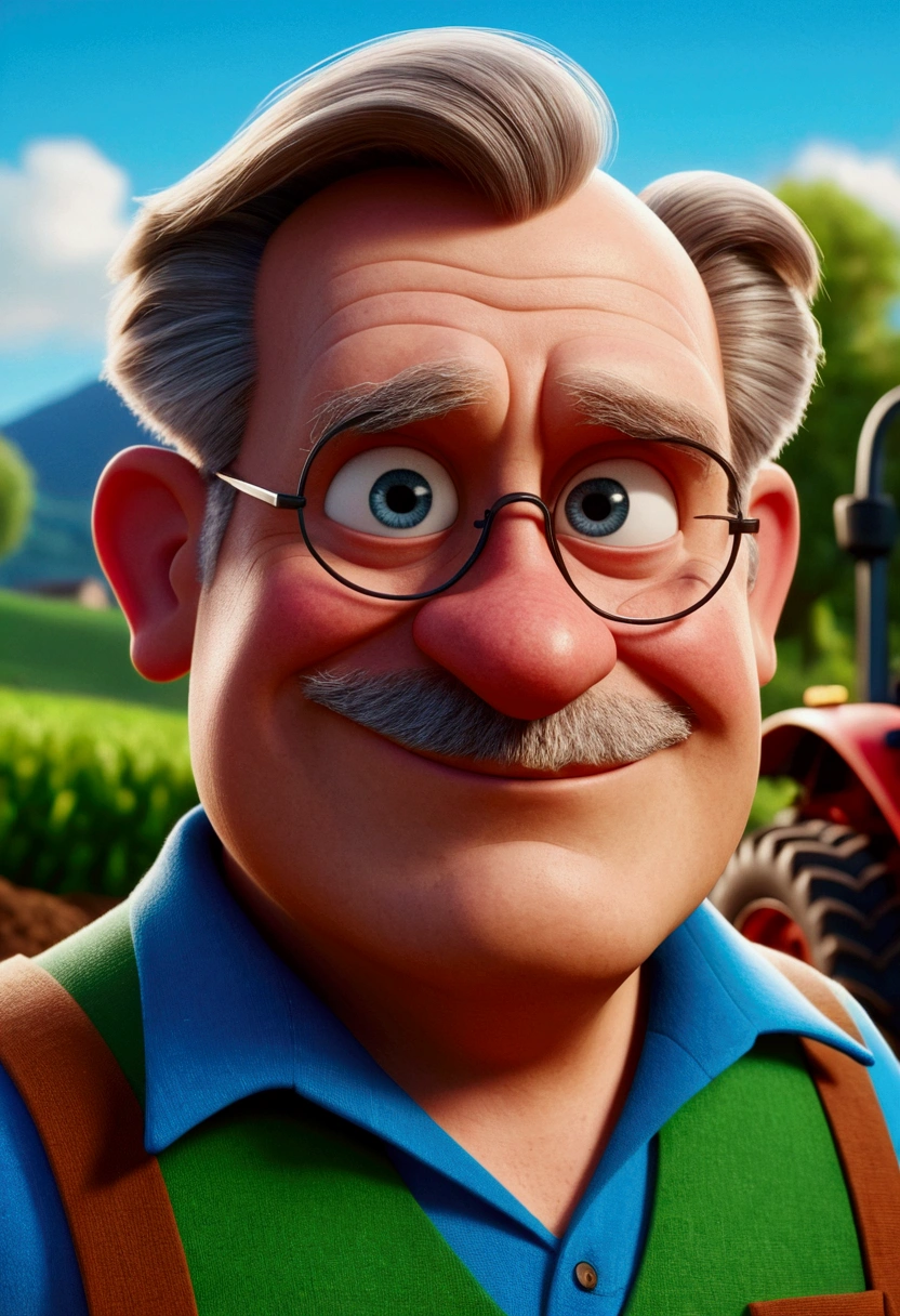 Cartoon character of an old man with white mustache, very blue eyes, blue colored eyes, fatter, rosto fatter, chubby face, without glasses, without wearing glasses, feeling happy, with an image background being a tractor, farm, Tomas Figueiredo, Carl Fredricksen, animation character, stylized character, animation style rendering, 3d stylized, Arnold Maya rendering, Stylized 3D rendering, toon render screenshot, 3d character, 3d character, Stylized 3D rendering, 3D character rendering, cartoon character, Personagem de close up, character posing, (Pixar-style) (master part:1.2) (bokeh) (best qualityer) (skin detailed) (detailed texture) (8k) (Argilla) (cinematic lighting) (sharp focus