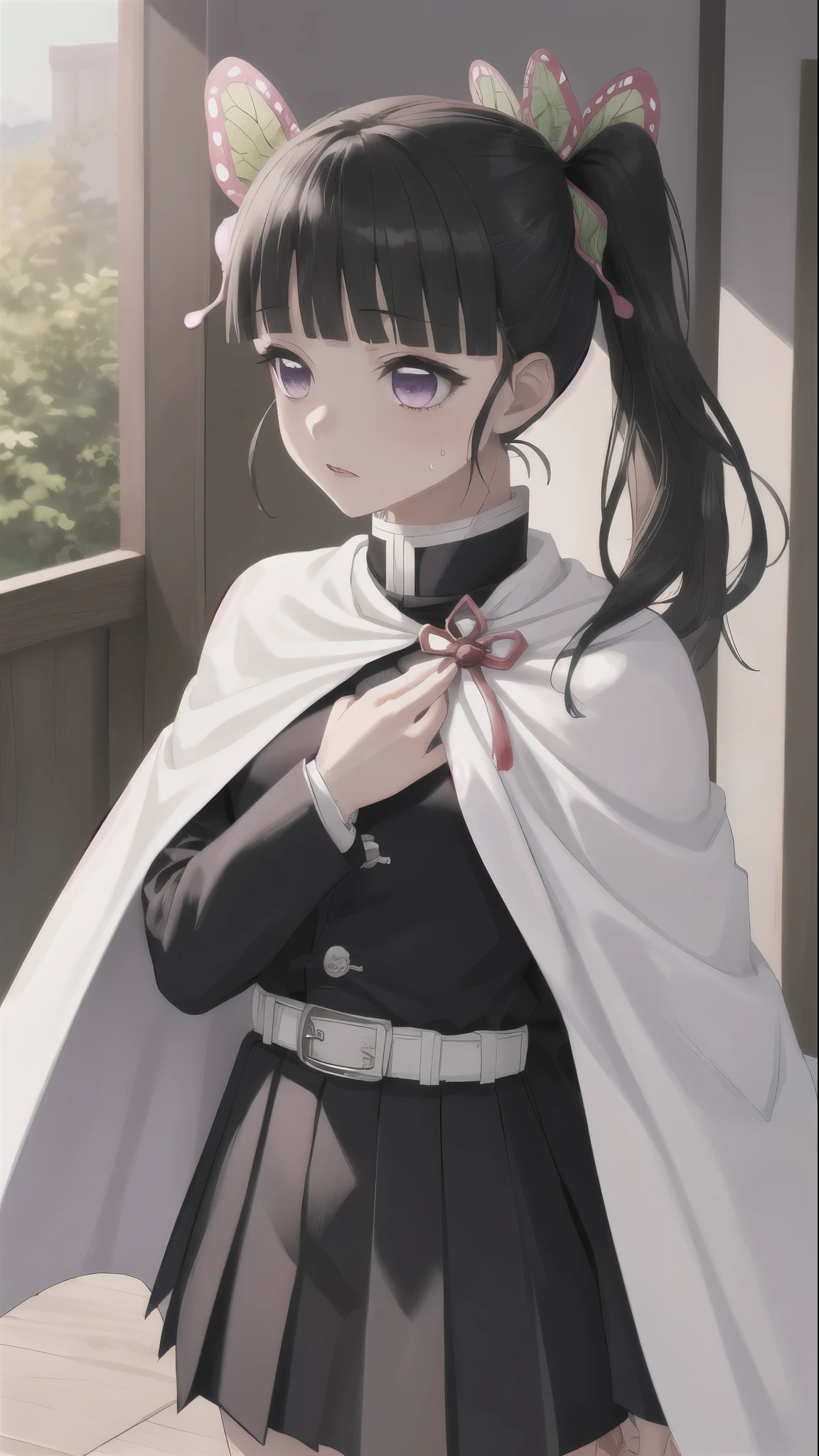 masterpiece, Highest quality, High resolution,
Kanao Def, One girl, alone, Purple eyes, Black Hair, Long Hair, blunt bangs, bangs, hair ornaments, bug, butterfly, Side Ponytail, butterfly hair ornaments, Upper Body, naked,Climax,Sweat,Small breasts,Flat Chest,
skirt, Long sleeve, Jacket, black Jacket, pleated skirt, belt, black skirt, knees, buckle, Sheathed, belt buckle, white belt, Cape, white Cape, Demon Slayer uniform, Kimetsu no Yaiba,