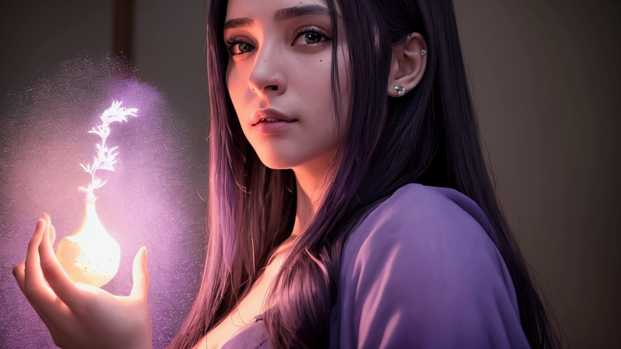 ((obra de arte)), (melhor qualidade), (detalhado), (1 garota), Work of art, cinematic, ultra realistic, 8k, 16k, super detailed, perfect lighting, realistic violet particles, totally faithful to the image, badass