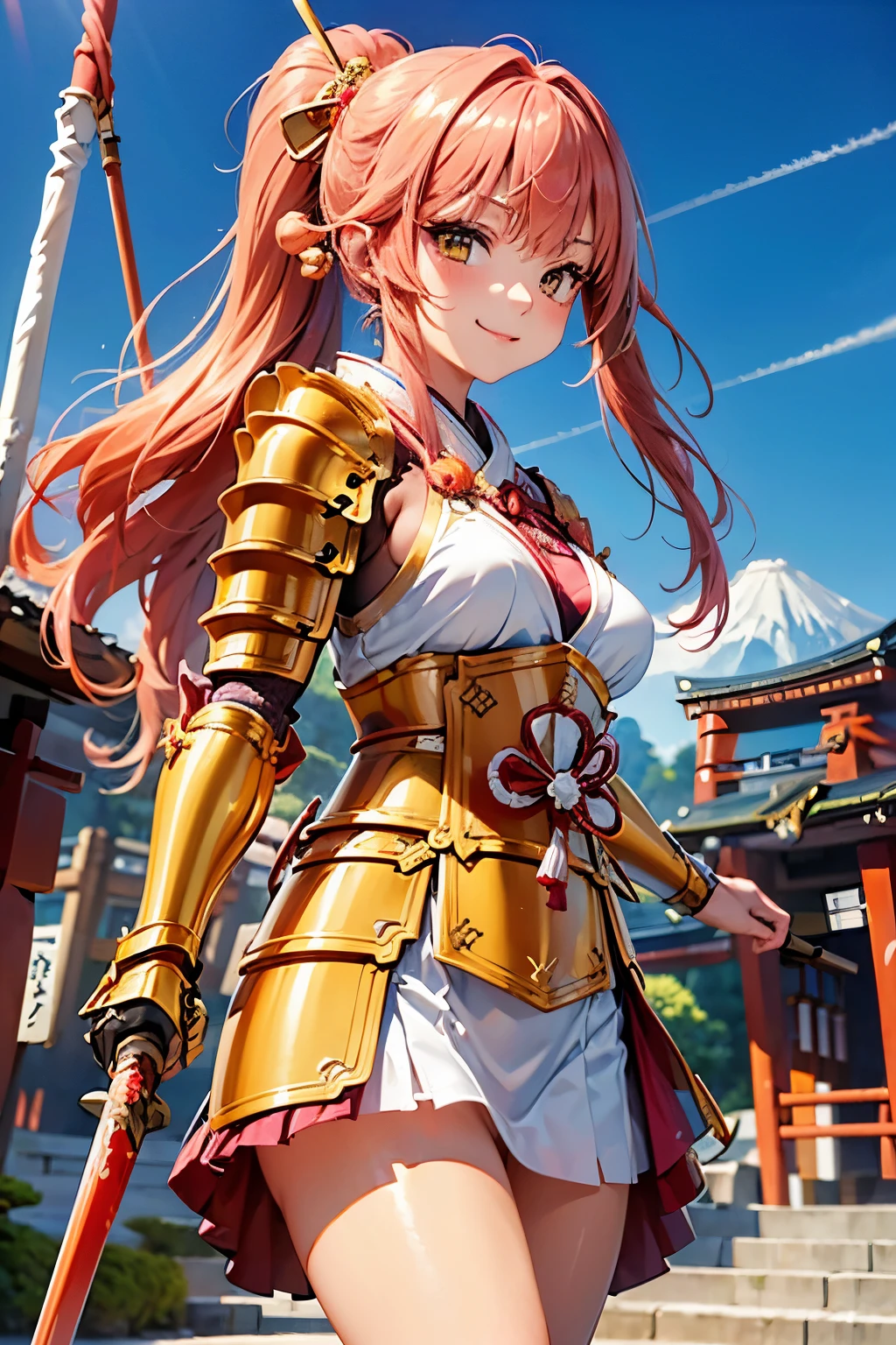 best quality, (masterpiece:1.3), absurdres, highres,16k, ultra high res, official art, illustration,extremely detailed, 1girl, solo, full body, 20yo, 
delicate lines tailed face, (long hair1.2), (straight hair1.8), (beautiful (coral pink) hair:1.2), (shiny hair:1.2), (beautiful (gold) eyes:1.2), (shiny eyes:1.2), (small breasts), (gleaming skin:1.4),

looking at viewer, (cowboy shot:1.5), (dynamic angle)
standing, (dynamic pose), light smile,
((japanese) (armor):1.5), (samurai girl), (holding katana sword), (fighting stance), (((swinging sword, slashing, attack)))

