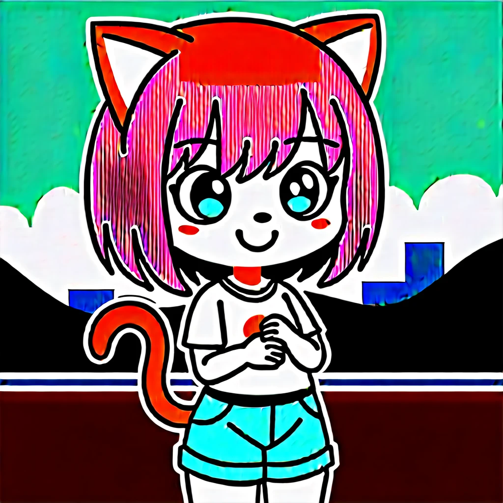 source_anime, score_9, score_8_up, BREAK 1girl, chibi, cat ears, shirt, shorts, city background, smile