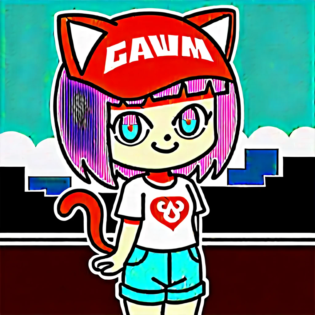 source_anime, score_9, score_8_up, BREAK 1girl, chibi, cat ears, shirt, shorts, city background, smile