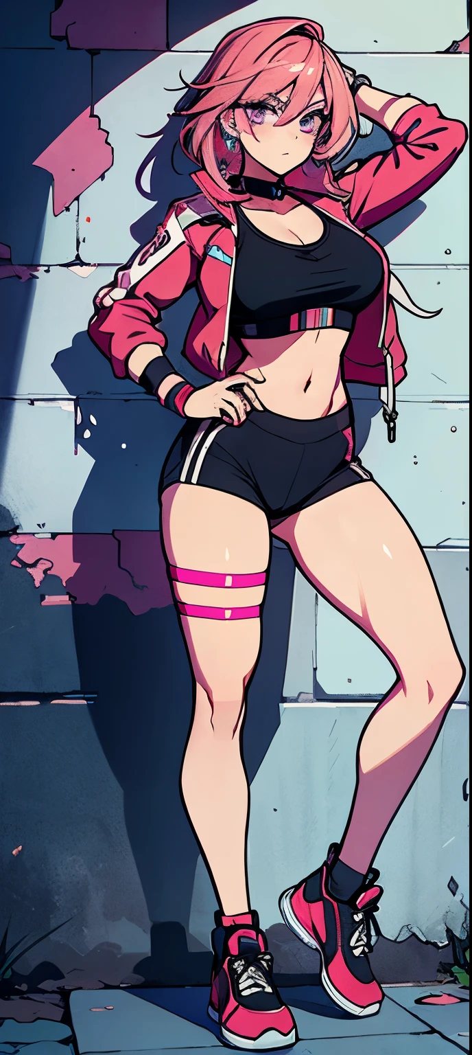 (masterpiece, best quality, 1girl, solo, intricate details, chromatic aberration), realistic, ((medium breath)),long hair, pink hair, red head ornament, pink highlights, hair over one eye,purple eyes, earrings, sharp eyes, choker, neon shirt, open jacket, crop top, (symmetry eyes),(perfect symmetrical body),against wall, brick wall, graffiti, dim lighting, alley ,look at viewer, woman at a gym, cute, front Pose, fitness girl, standing, erect Pose, symetrical, fitness model, skinny, Red sneakers, best qualityer, relaxed arms, hands down, ankle, fullbody view, stand straight with your back upright. Keep your shoulders back and maintain a straight line from your head to your feet, symmetrical frontal view, face aligned, 