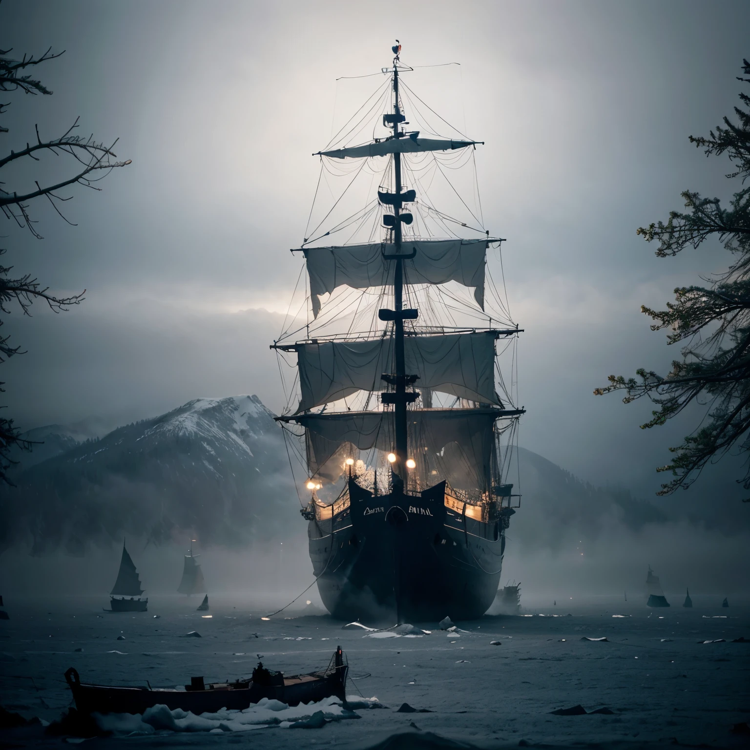 Render a ghostly ship sailing through thick fog, with its eerie silhouette and tattered sails hauntingly visible, surrounded by the surrounded by the full of snow-covered trees in the arctic mountains, 8k, full vivid color, hyperdetailed