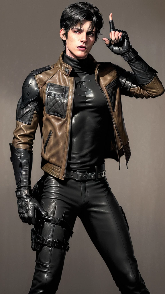 ((American comic hero)),,((jason todd)),((young cute and cool ikemen boy)),((black hair)),((very cool guy)), ((face is no paint and no mask)),,his age is early 20s, thin eyebrows and beady eyes, ((he is wearing light beige color thick leather jacket)),((jacket is single-brest, and no hood)),((leather jacket is a long sleeve)),((jacket sleeves color is beige too)), ((jacket color is beige only,no other colors)),((inner wear is black color and thick turtleneck tactical vest)),((chest area on a red color batmans illustration)), ((tight dark gray color leather pants)),((put on black color and must full finger tactical combat leather glove on both hands)),,((black color middle length leather boots)),((Japanese style character)),((must put on a leather full finger tactical combat glove)),((cool atmosphere))