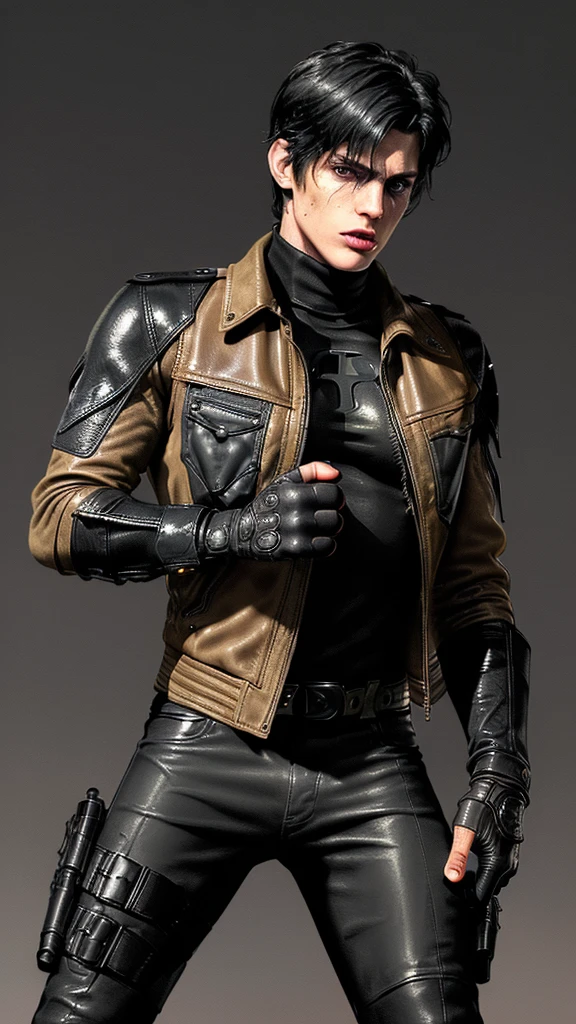 ((American comic hero)),,((jason todd)),((young cute and cool ikemen boy)),((black hair)),((very cool guy)), ((face is no paint and no mask)),,his age is early 20s, thin eyebrows and beady eyes, ((he is wearing light beige color thick leather jacket)),((jacket is single-brest, and no hood)),((leather jacket is a long sleeve)),((jacket sleeves color is beige too)), ((jacket color is beige only,no other colors)),((inner wear is black color and thick turtleneck tactical vest)),((chest area on a red color batmans illustration)), ((tight dark gray color leather pants)),((put on black color and must full finger tactical combat leather glove on both hands)),,((black color middle length leather boots)),((Japanese style character)),((must put on a leather full finger tactical combat glove)),((cool atmosphere))