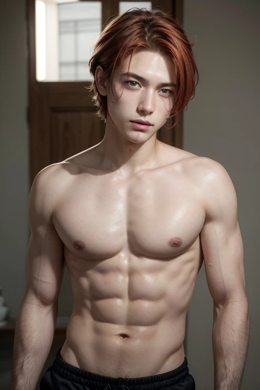   boy ,Height: 1,55 metros chap de Farbepo: Compact and athletic, with a defined abdomen that demonstrates strength and physical conditioning. Skinned: clear, with a pale tone that highlights the vibrant color of the hair and the intensity of the eyes. body hair: Farbe: Bright redhead. styled: Frayed and slightly messy, giving a casual and youthful look. You can have some strands loose for a laid-back look. eyeballs: Farbe: Vibrant reds. format: chap japonês, with a slightly almond-shaped and expressive appearance. detaileds: intense and captivating, with a shine that highlights the unusual color. muka: format: Slightly oval with soft features and a delicate chin. marks: Vertical lines on cheeks similar to Naruto&#39;s, providing a distinctive and almost mystical touch. gura: format: chap oriental, with thin lips and a friendly expression. ssmile: Cute and warm, with a touch of friendliness and accessibility. Clothing: sweatshirt: chap: Cropped, which shows a bit of defined abs. Farbe e styled: Can be in a solid color (like light gray or navy blue) or have a minimalist print. The sweatshirt is fitted, but comfortable. Bermuda: chap: Shorts, Above the Knee. Farbe: Neutral or that complements the sweatshirt, like a dark gray or black tone. Bermuda shorts have a loose, casual fit, ideal for a relaxed look. Accessories: detaileds: May not use many accessories, but maybe some subtle details, as a discreet bracelet or a simple necklace, to complement the look without overloading. stance e expression: stance: relaxed and laid-back, with a confident and friendly attitude. expression: Naturally smiling and open, reflecting a warm and approachable personality. usando cropped