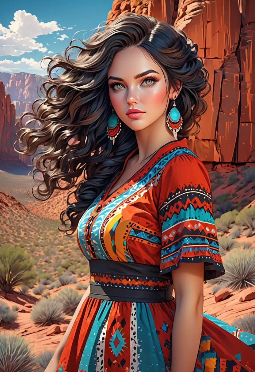 Beautiful boho women stunning merge of Paige Renee Spiranac. with colorful southwestern style dress. colorful southwestern earing and. jewelry dark-black colored hair that is coarse, wiry, and tightly curled. It often has a rough texture, feels stiff to the touch, and may be prone to frizz and tangling. The curls can be densely packed. The Official Art – An Award-Winning Digital Masterpiece In 4K Ultra HD, Extreme Detail And Intricate Realism. symmetrical face. This Concept Art Brought To Life By The Hands Of Artists Like Wlop & Artgerm In A Stunning 2D Vector Illustration. large, perky, full, vuluptious, symmetrical and spherical breasts. Background is a beautiful panoramic vista of a red rock canyon.