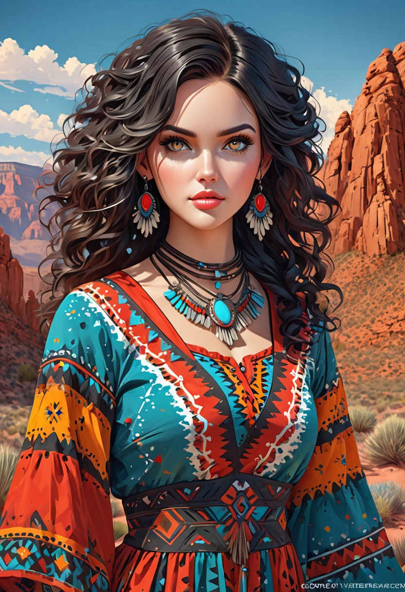 Beautiful boho women stunning merge of Paige Renee Spiranac. with colorful southwestern style dress. colorful southwestern earing and. jewelry dark-black colored hair that is coarse, wiry, and tightly curled. It often has a rough texture, feels stiff to the touch, and may be prone to frizz and tangling. The curls can be densely packed. The Official Art – An Award-Winning Digital Masterpiece In 4K Ultra HD, Extreme Detail And Intricate Realism. symmetrical face. This Concept Art Brought To Life By The Hands Of Artists Like Wlop & Artgerm In A Stunning 2D Vector Illustration. large, perky, full, vuluptious, symmetrical and spherical breasts. Background is a beautiful panoramic vista of a red rock canyon.
