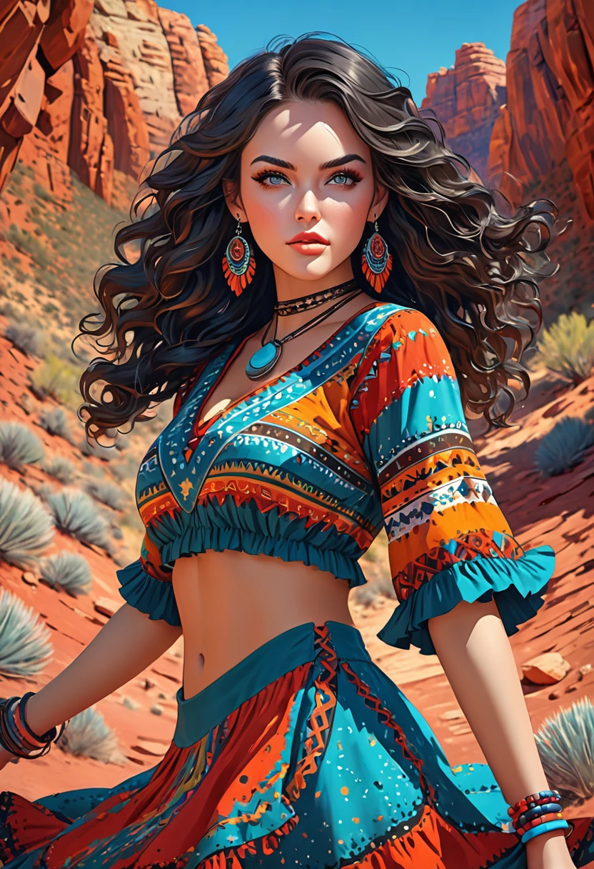 Beautiful boho women stunning merge of Paige Renee Spiranac. with colorful southwestern style dress. colorful southwestern earing and. jewelry dark-black colored hair that is coarse, wiry, and tightly curled. It often has a rough texture, feels stiff to the touch, and may be prone to frizz and tangling. The curls can be densely packed. The Official Art – An Award-Winning Digital Masterpiece In 4K Ultra HD, Extreme Detail And Intricate Realism. symmetrical face. This Concept Art Brought To Life By The Hands Of Artists Like Wlop & Artgerm In A Stunning 2D Vector Illustration. large, perky, full, vuluptious, symmetrical and spherical breasts. Background is a beautiful panoramic vista of a red rock canyon.