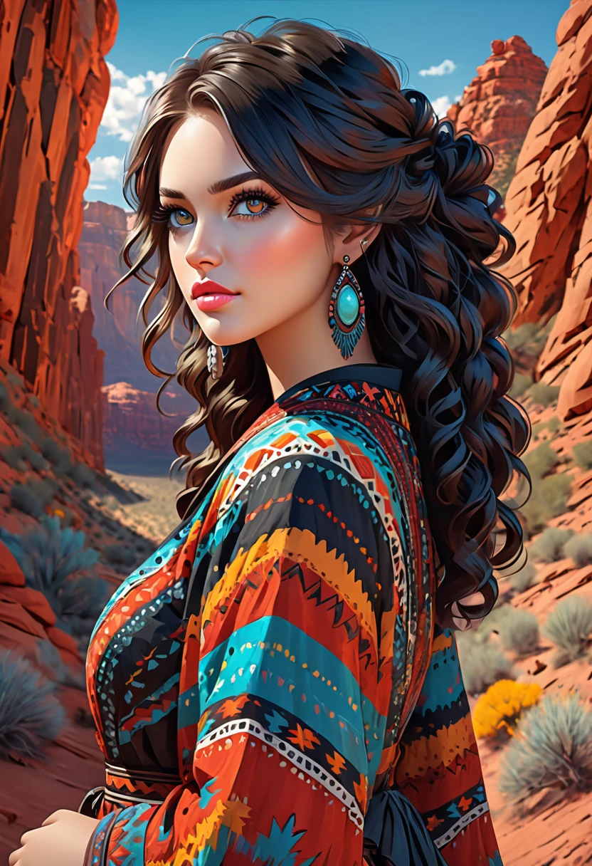 Beautiful boho women stunning merge of Paige Renee Spiranac. with colorful southwestern style dress. colorful southwestern earing and. jewelry dark-black colored hair that is coarse, wiry, and tightly curled. It often has a rough texture, feels stiff to the touch, and may be prone to frizz and tangling. The curls can be densely packed. The Official Art – An Award-Winning Digital Masterpiece In 4K Ultra HD, Extreme Detail And Intricate Realism. symmetrical face. This Concept Art Brought To Life By The Hands Of Artists Like Wlop & Artgerm In A Stunning 2D Vector Illustration. large, perky, full, vuluptious, symmetrical and spherical breasts. Background is a beautiful panoramic vista of a red rock canyon.
