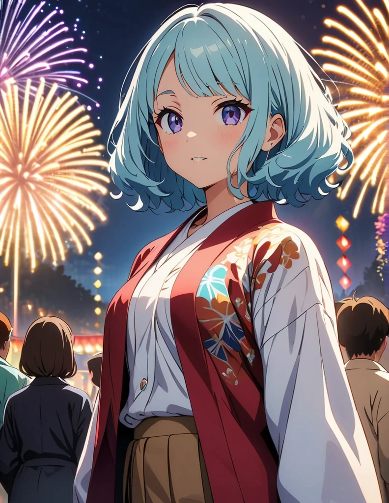 (Anime artwork, Anime Style, Studio Anime, Very detailed, Latest, Vibrant, Anime Coloring, High Contrast, masterpiece:1.2, Highest quality, Best aesthetics),3 Girls,yukata,Fireworks Festival,Random Hair, One eye is hidden by bangs, Perfect Proportions, Skin with attention to detail, cute, Detailed face, Accurate Fingers,