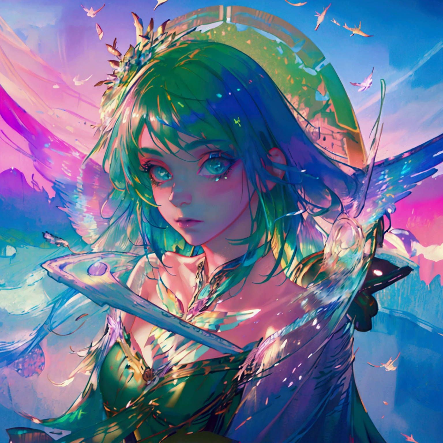 A cute fantasy fairy, 1girl, beautiful detailed eyes, beautiful detailed lips, extremely detailed face and skin, long eyelashes, fairy with rainbow wings, whimsical expression, glowing ethereal wings, colorful feathered wings, dazzling rainbow wings, intricate wing details, floating weightlessly, magical sparkling particles, walking through a fantasy meadow, lush green grass, vibrant wildflowers, warm sunlight, glowing ambient lighting, (best quality, 4k, 8k, highres, masterpiece:1.2), ultra-detailed, (realistic, photorealistic, photo-realistic:1.37), fantasy, digital art, concept art, highly detailed, vibrant colors, soft focus