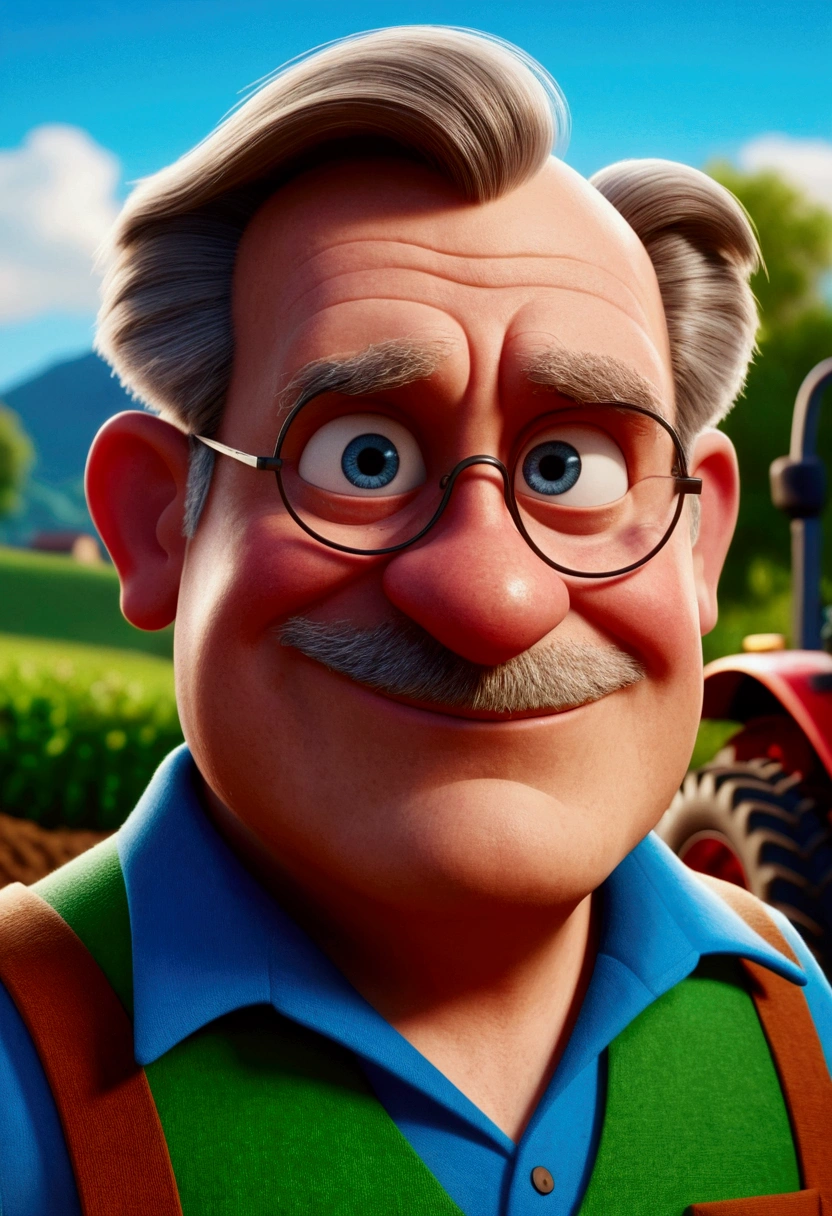 Cartoon character of an old man with white mustache, very blue eyes, blue colored eyes, fatter, rosto fatter, chubby face, without wearing glasses, without using any prescription glasses, feeling happy, with an image background being a tractor, farm, Tomas Figueiredo, Carl Fredricksen, animation character, stylized character, animation style rendering, 3d stylized, Arnold Maya rendering, Stylized 3D rendering, toon render screenshot, 3d character, 3d character, Stylized 3D rendering, 3D character rendering, cartoon character, Personagem de close up, character posing, (Pixar-style) (master part:1.2) (bokeh) (best qualityer) (skin detailed) (detailed texture) (8k) (Argilla) (cinematic lighting) (sharp focus