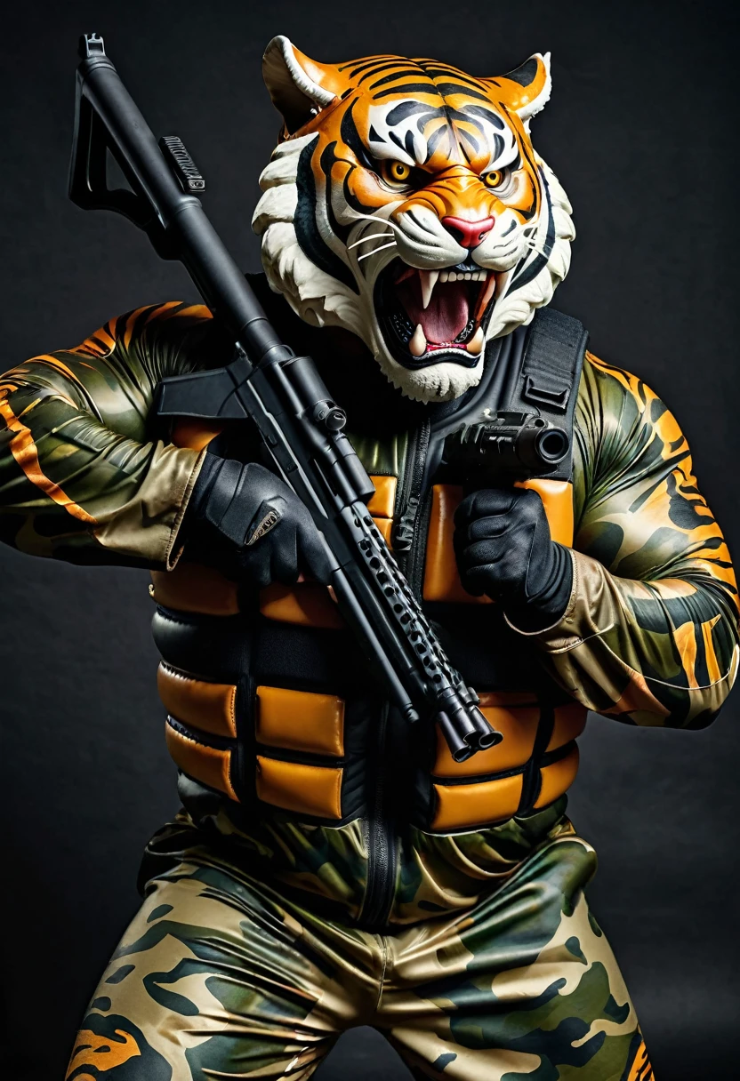 (a dark-skinned fat muscular old man in a bulky camouflage zipper diver suit) shooting with a gun and (wearing realistic roaring tiger mask that show the wearer eyes), muscular, imposing stature, Basuki Abdullah, sumatraism, action, a character portrait, heroic, fierce, snarling, raising fist, best quality