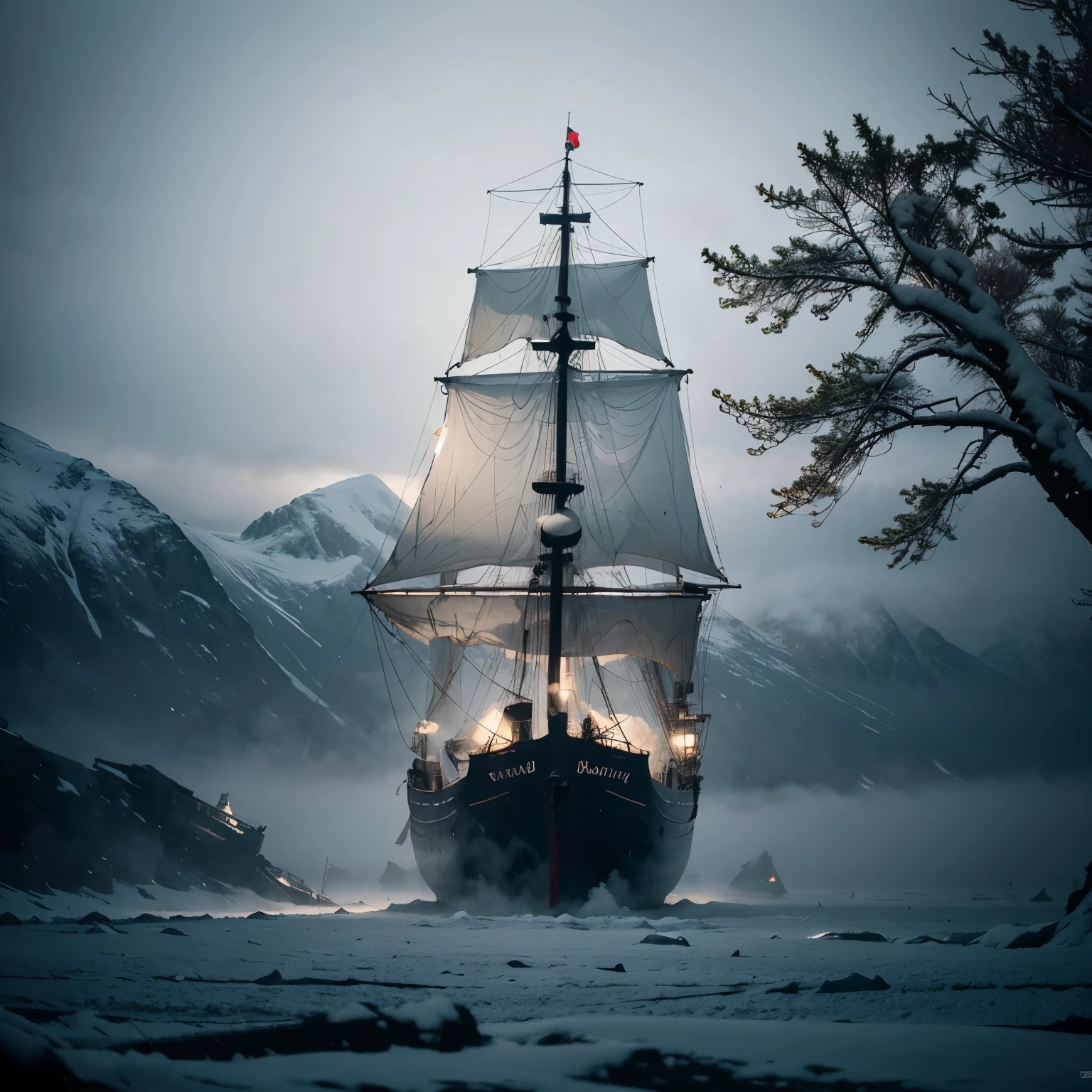 Render a ghostly ship sailing through thick fog, with its eerie silhouette and tattered sails hauntingly visible, surrounded by the surrounded by the full of snow-covered trees in the arctic mountains, 8k, full vivid color, hyperdetailed