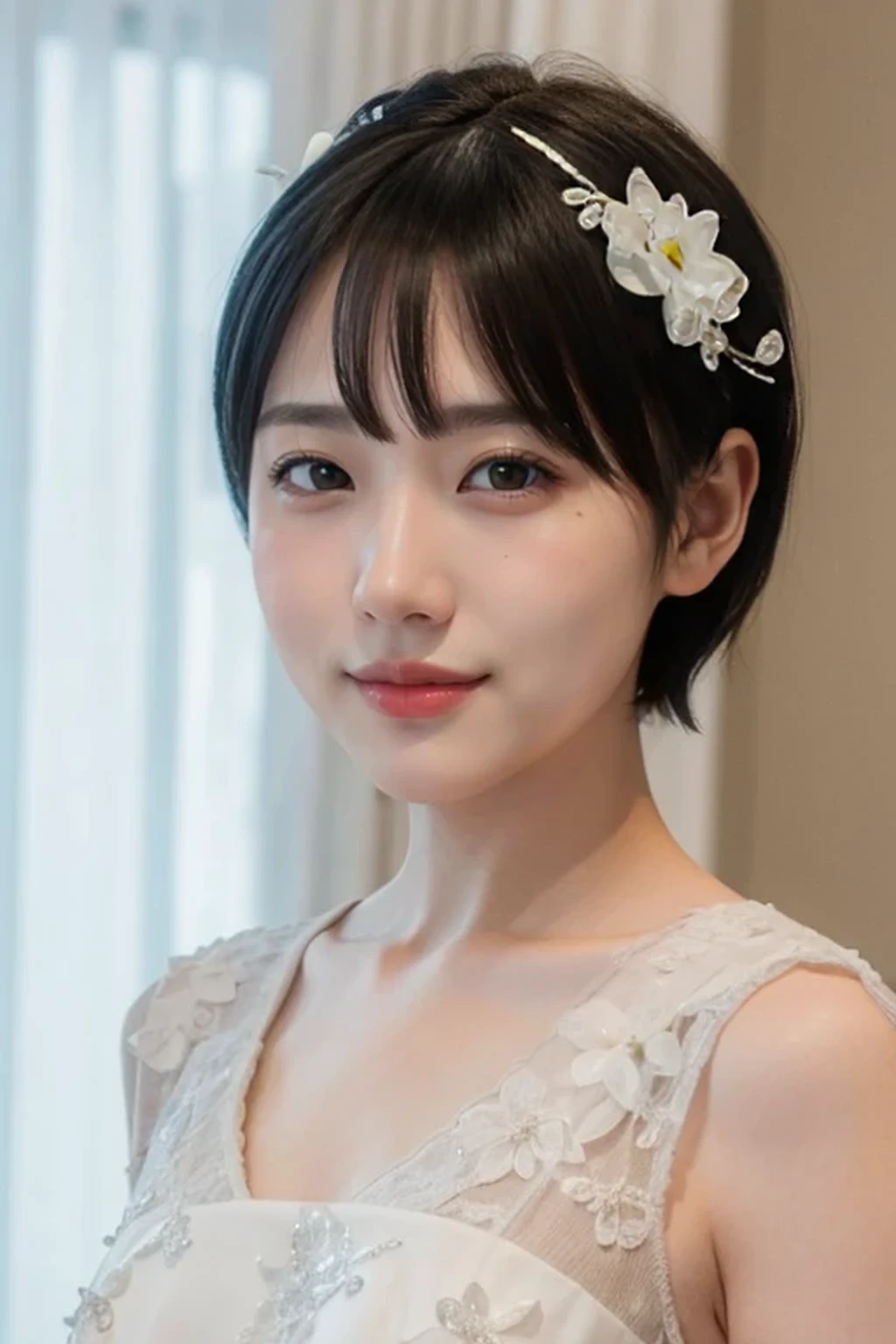 (wedding short hair:1.2), (white wedding dress, intricate dress, ball gown, bridal veil, bride, curtains, depth of field, dress, flower, hair flower, hair ornament, see-through, white flower, white rose:1.1), (face full of joy:1.3), one girl, 14 years old, 8k, RAW photo, best quality, masterpiece, realistic, photo-realistic, clear, professional lighting, BREAK, no makeup face, smile, BREAK, (short cut hair, small breasts:1.2), (looking back:1.2), (black eyes, black hair:1.2), full body shot