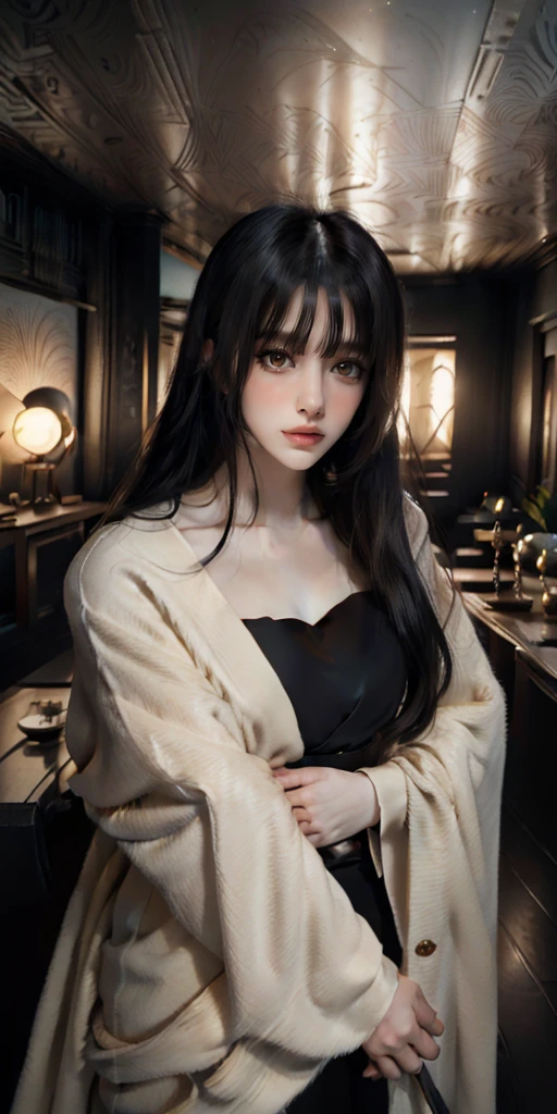 (masterpiece, best quality, hires, high resolution:1.2), (extremely detailed, intricate details, highres), ((realistic)), vivi color, 3d, cg, nsfw, woman, japanese, kimono, (open_shirt, unbuttoned, black_hair, blunt_bangs, extremely long and straight_hair, monolid), (brutalist style:1.6), heavy steampunk armor, confident, muscular, abs, shiny_skin, light_skin, (nice hands,nice fingers), better_hands, science fiction, (cinematic lighting, volumetric), looking at viewer, eye-level shot, (close_up:1.1), film grain, (atompunkstylesd15:1.0), seductive_pose, golden kimono, chrysanthemum floral décoration, forest, (foreboding background:1.4)