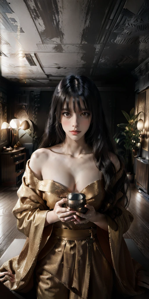 (masterpiece, best quality, hires, high resolution:1.2), (extremely detailed, intricate details, highres), ((realistic)), vivi color, 3d, cg, nsfw, woman, japanese, kimono, (open_shirt, unbuttoned, black_hair, blunt_bangs, extremely long and straight_hair, monolid), (brutalist style:1.6), heavy steampunk armor, confident, muscular, abs, shiny_skin, light_skin, (nice hands,nice fingers), better_hands, science fiction, (cinematic lighting, volumetric), looking at viewer, eye-level shot, (close_up:1.1), film grain, (atompunkstylesd15:1.0), seductive_pose, golden kimono, chrysanthemum floral décoration, forest, (foreboding background:1.4)