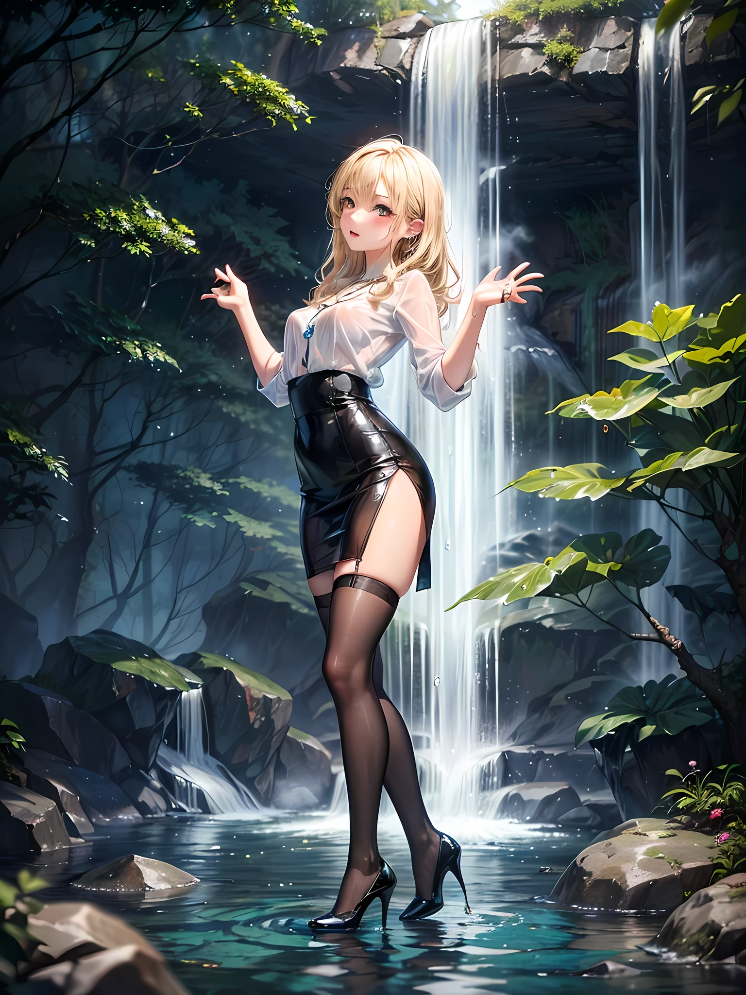 ((Biologically correct limb count)),(( From head to toe,Full-body photo including face)),4K,((Standing position)),masterpiece,((Focus on the face)),((Symmetrical facial features)),Eyes with detailed description,Beautiful woman,Great style,Beautiful arms,Beautiful legs,Beautiful Hands,(Small Ass,Thin thighs,(Black Stockings,High heels)),Detailed depiction of the face,Small earrings,necklace,(uniform、Black Long Pencil Skirt,((evening,Kneel、waterfall、Dancing in the water、splashes rise)),((Blonde)),Focus on the face,Dripping Water,The mist creates a fantastic atmosphere,(See-through clothing)