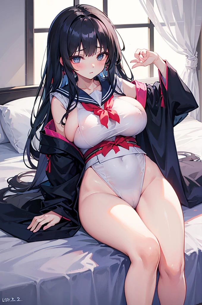 A woman with big ,Beauty,Black long hair,Bow,(A completely transparent kimono:Sailor Suit|1.2),(Lace),Headband,weak,Sexy,Color,lactation,blush,Bright Light,ahegao,On the bed,