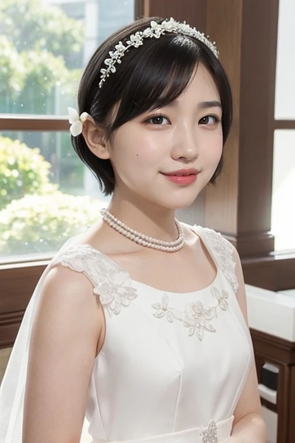 (wedding short hair:1.2), (white wedding dress, intricate dress, ball gown, bridal veil, bride, curtains, depth of field, dress, flower, hair flower, hair ornament, see-through, white flower, white rose:1.1), (face full of joy:1.3), one girl, , 8k, RAW photo, best quality, masterpiece, realistic, photo-realistic, clear, professional lighting, BREAK, no makeup face, smile, BREAK, (short cut hair, small breasts:1.2), (looking back:1.2), (black eyes, black hair:1.2), full body shot