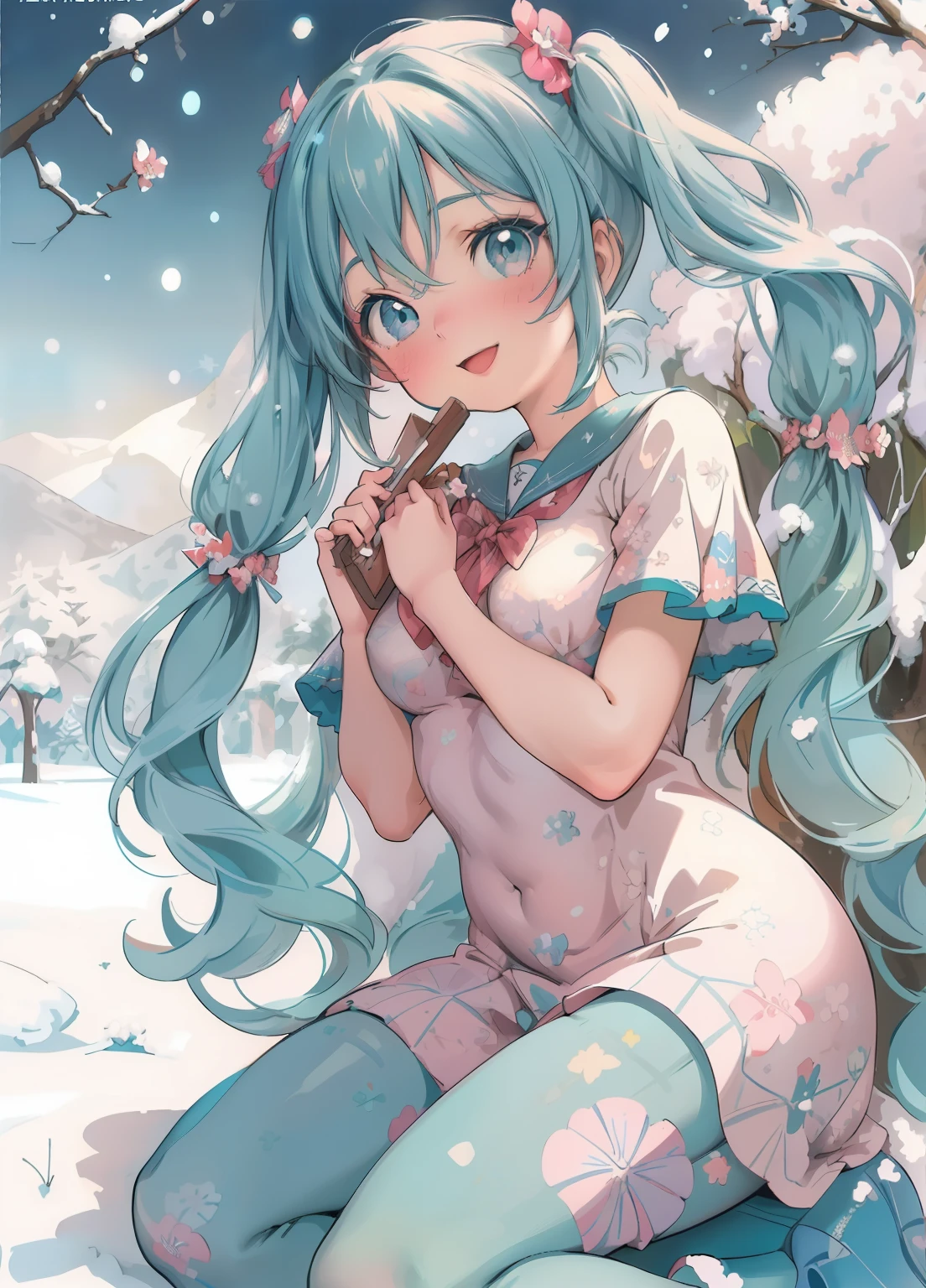 (masterpiece、Highest quality、Highest quality、Official Art、Beautiful and beautiful:1.2)、(One girl:1.3)Hatsune Miku、Twin tails,Beautiful breasts, Katsushika Hokusai,Please stand in front of the photo、One Girl,whole body,Short Bob, But long pigtails, Rainbow Hair,Knee-high boots,Open mouth and big smile、Cute pose、Flowing iridescent silk、Wearing colored tights、Close-up of face、Look up、Heart patterned contact lenses、Floral Dress、There is a flower in front of you、Snow Scene、season!!: Winters☀ 🍂,Glossy old advertising poster, Vintage Posters, Poster Vintage, Retro Posters, enoch bolles, 1940s propaganda posters, Joseph Brant, inspired by Art Frahm, beautiful retro art, art deco poster, Vintage Posters style, Hidden Ads