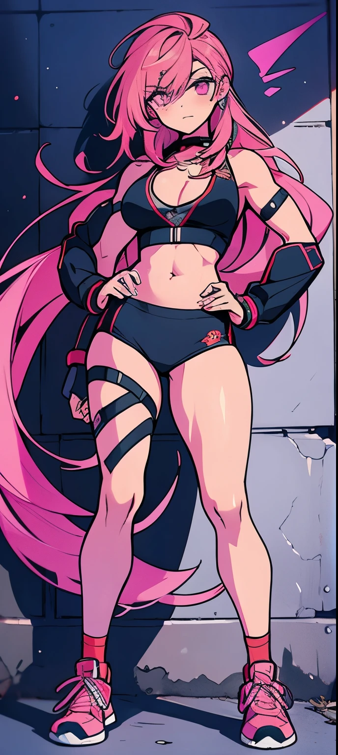 (masterpiece, best quality, 1girl, solo, intricate details, chromatic aberration), realistic, ((medium breath)),long hair, pink hair, red head ornament, pink highlights, hair over one eye,purple eyes, earrings, sharp eyes, choker, neon shirt, open jacket, crop top, (symmetry eyes),(perfect symmetrical body),against wall, brick wall, graffiti, dim lighting, alley ,look at viewer, woman at a gym, cute, front Pose, fitness girl, standing, erect Pose, symetrical, fitness model, skinny, Red sneakers, best qualityer, relaxed arms, hands down, ankle, fullbody view, stand straight with your back upright. Keep your shoulders back and maintain a straight line from your head to your feet, symmetrical frontal view, face aligned,