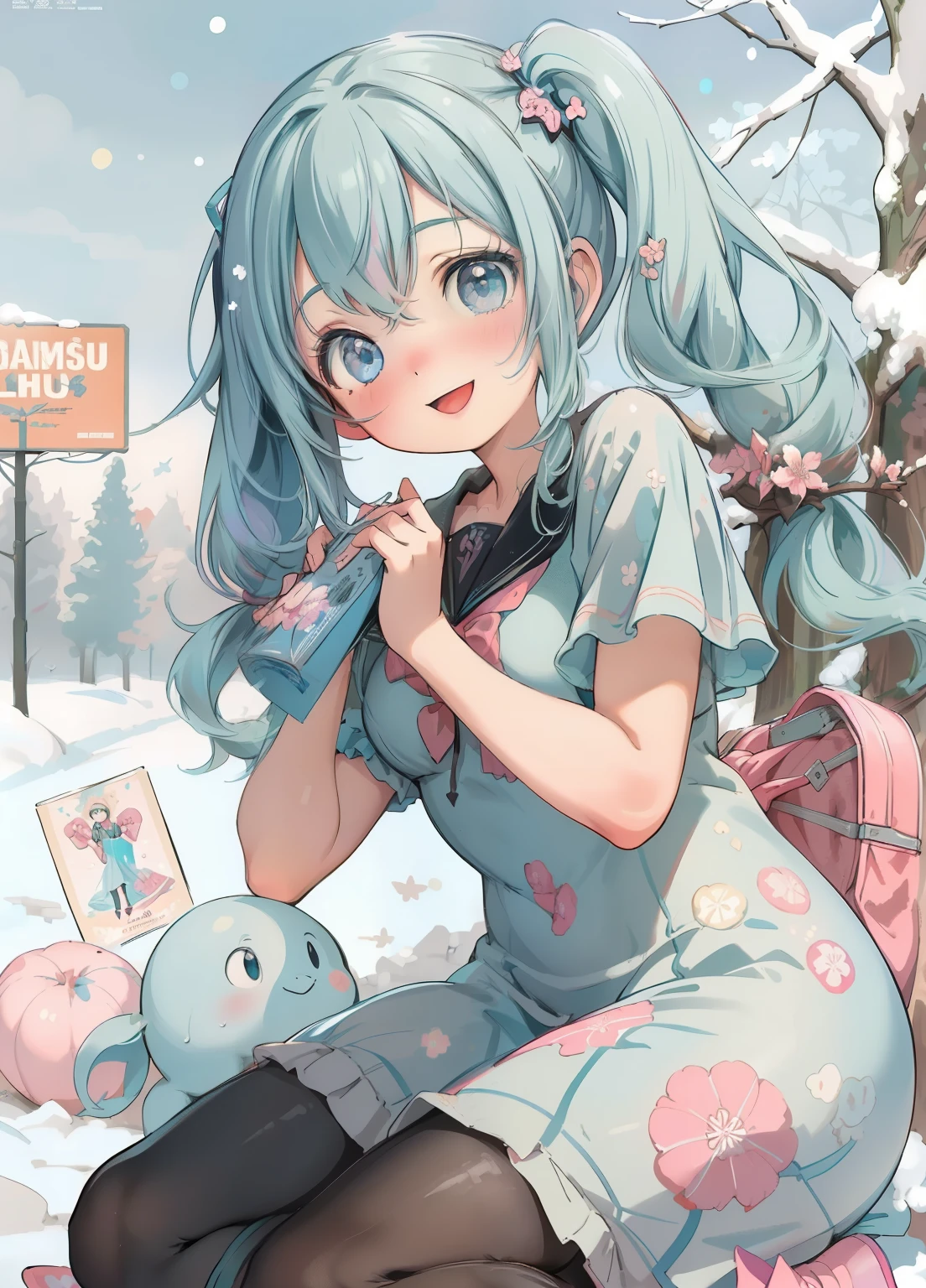 (masterpiece、Highest quality、Highest quality、Official Art、Beautiful and beautiful:1.2)、(One girl:1.3)Hatsune Miku、Twin tails,Beautiful breasts, Katsushika Hokusai,Please stand in front of the photo、One Girl,whole body,Short Bob, But long pigtails, Rainbow Hair,Knee-high boots,Open mouth and big smile、Cute pose、Flowing iridescent silk、Wearing colored tights、Close-up of face、Look up、Heart patterned contact lenses、Floral Dress、There is a flower in front of you、Snow Scene、season!!: Winters☀ 🍂,Glossy old advertising poster, Vintage Posters, Poster Vintage, Retro Posters, enoch bolles, 1940s propaganda posters, Joseph Brant, inspired by Art Frahm, beautiful retro art, art deco poster, Vintage Posters style, Hidden Ads