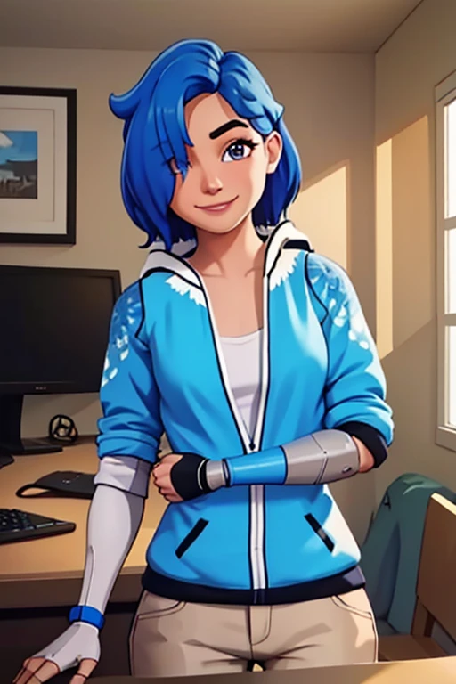 masterpiece, best quality, tari, blue hoodie, white pants, single mechanical right arm, regular left arm, upper body, looking at viewer, hair over one eye, house, computer, indoors, smile, slight smile