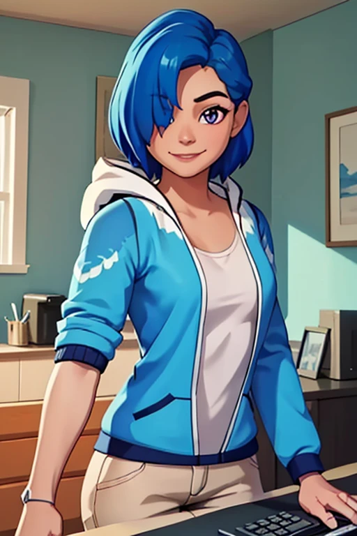 masterpiece, best quality, tari, blue hoodie, white pants, single mechanical right arm, regular left arm, upper body, looking at viewer, hair over one eye, house, computer, indoors, smile, slight smile