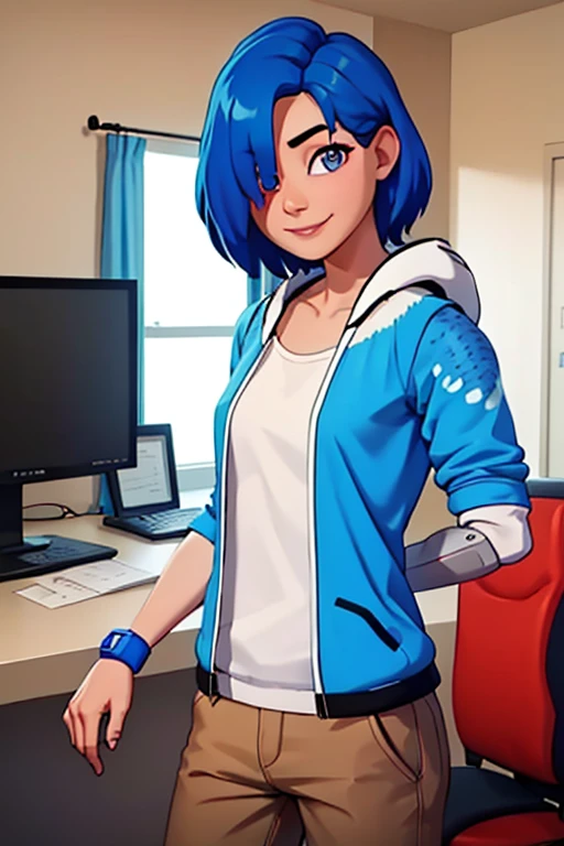 masterpiece, best quality, tari, blue hoodie, white pants, single mechanical right arm, regular left arm, upper body, looking at viewer, hair over one eye, house, computer, indoors, smile, slight smile