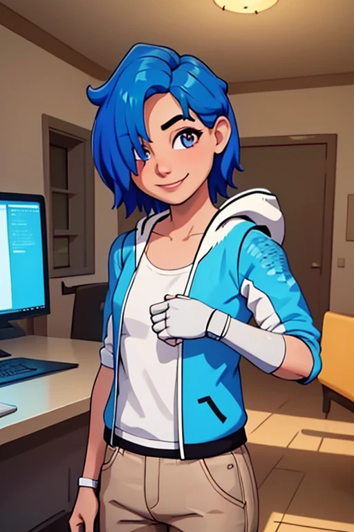 masterpiece, best quality, tari, blue hoodie, white pants, single mechanical right arm, regular left arm, upper body, looking at viewer, hair over one eye, house, computer, indoors, smile, slight smile