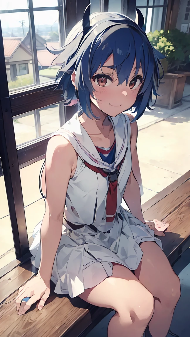 masterpiece, Highest quality, High resolution, Very detailed,(((Mikoto Naruka))), (((Poolside)))、(((Laughing out loud。)))、(((Standing in the distance))), (((Facing forward。))), night, (((Tile wall))), (((window))), (((Panty shot。))), (((Black underwear))), (((School swimming pool))), (((White Skirt))), , (((Underwear is visible。))), (((Blue Hair))), (((Multicolored Hair))), (((horn))), (((Pink Eyes)))