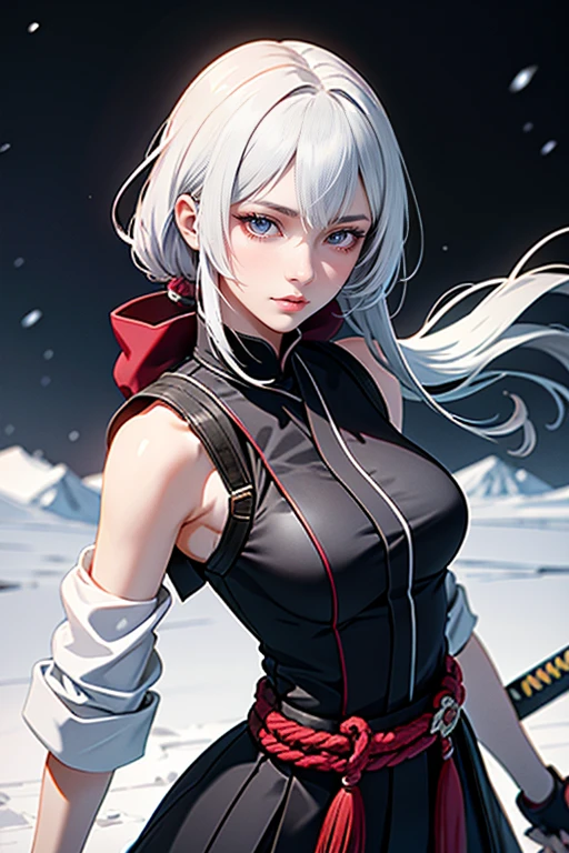 a young female anime-style character with a sword in a winter landscape, inspired by Kanō Sanraku, highly detailed character with a japanese katana unsheathed, female high school student, katana, beautiful 8k anime illustration, random pose, detailed face with beautiful eyes and lips, intricate character design, vivid colors, dramatic lighting, cinematic atmosphere, photorealistic, masterpiece