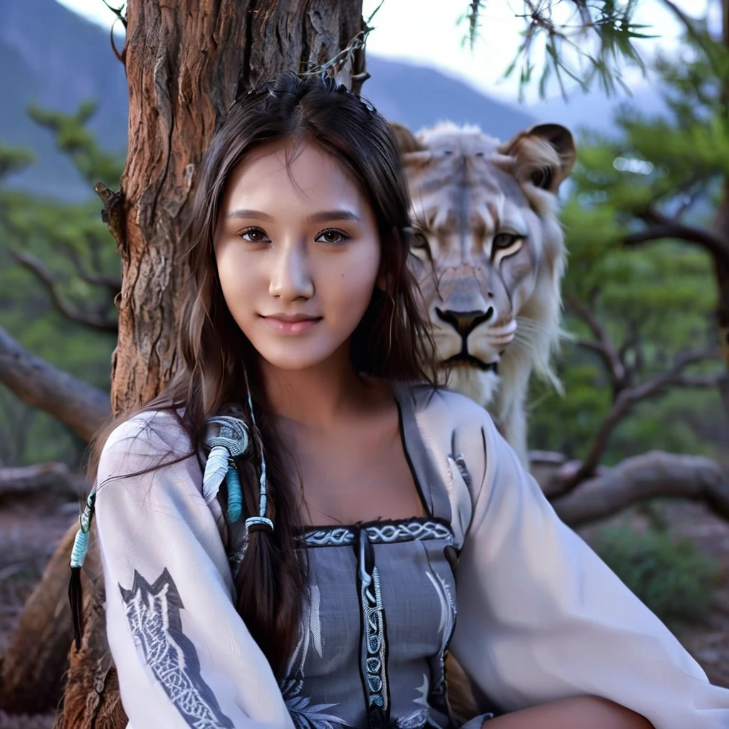 (grainy:0.5), cinematic, beautiful girl 25 year old,native american,fantasy,(solo:1.3), detailed eyes, detailed face, detailed native american clothing , volumetric lighting, dusk, extremely detailed background, standing next to tree and mountain, smiling, half closed eyes, tilted head, from side, sitting next to her lion