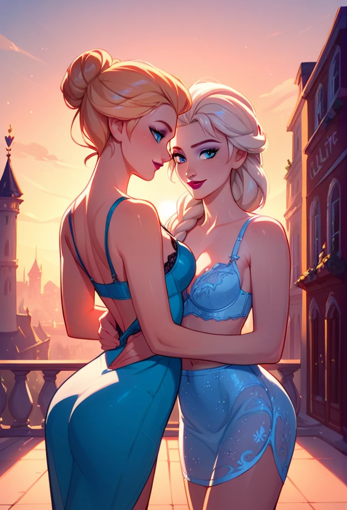 score_9, score_8_up, score_7_up, score_6_up, 2girls, elsa and anna, (ultra short satin lace nightie:1.2),, standing, embracing, cinematic lighting,, city background, sunset, cowboy shot, rear view, (flashing her bra)