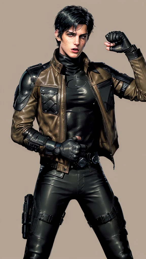 ((American comic hero)),,((jason todd)),((young cute and cool ikemen boy)),((black hair)),((very cool guy)), ((face is no paint and no mask)),,his age is early 20s, thin eyebrows and beady eyes, ((he is wearing light beige color thick leather jacket)),((jacket is single-brest, and no hood)),((leather jacket is a long sleeve)),((jacket sleeves color is beige too)), ((jacket color is beige only,no other colors)),((inner wear is black color and thick turtleneck tactical vest)),((chest area on a red color batmans illustration)), ((tight dark gray color leather pants)),((put on black color and must full finger tactical combat leather glove on both hands)),,((black color middle length leather boots)),((Japanese style character)),((must put on a leather full finger tactical combat glove)),((cool atmosphere))