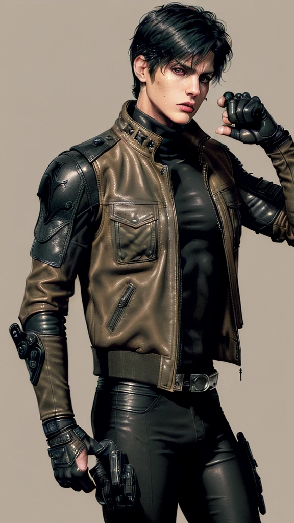 ((American comic hero)),,((jason todd)),((young cute and cool ikemen  boy)),((black hair)),((very cool guy)), ((face is no paint and no mask)),,his age is early 20s, thin eyebrows and beady eyes, ((he is wearing light beige color thick leather jacket)),((jacket is single-brest, and no hood)),((leather jacket is a long sleeve)),((jacket sleeves color is beige too)), ((jacket color is beige only,no other colors)),((inner wear is black color and thick turtleneck tactical vest)),((chest area on a red color batmans illustration)), ((tight dark gray color leather pants)),((put on black color and must full finger tactical combat leather glove on both hands)),,((black color middle length leather boots)),((Japanese style character)),((must put on a leather full finger tactical combat glove)),((cool atmosphere))