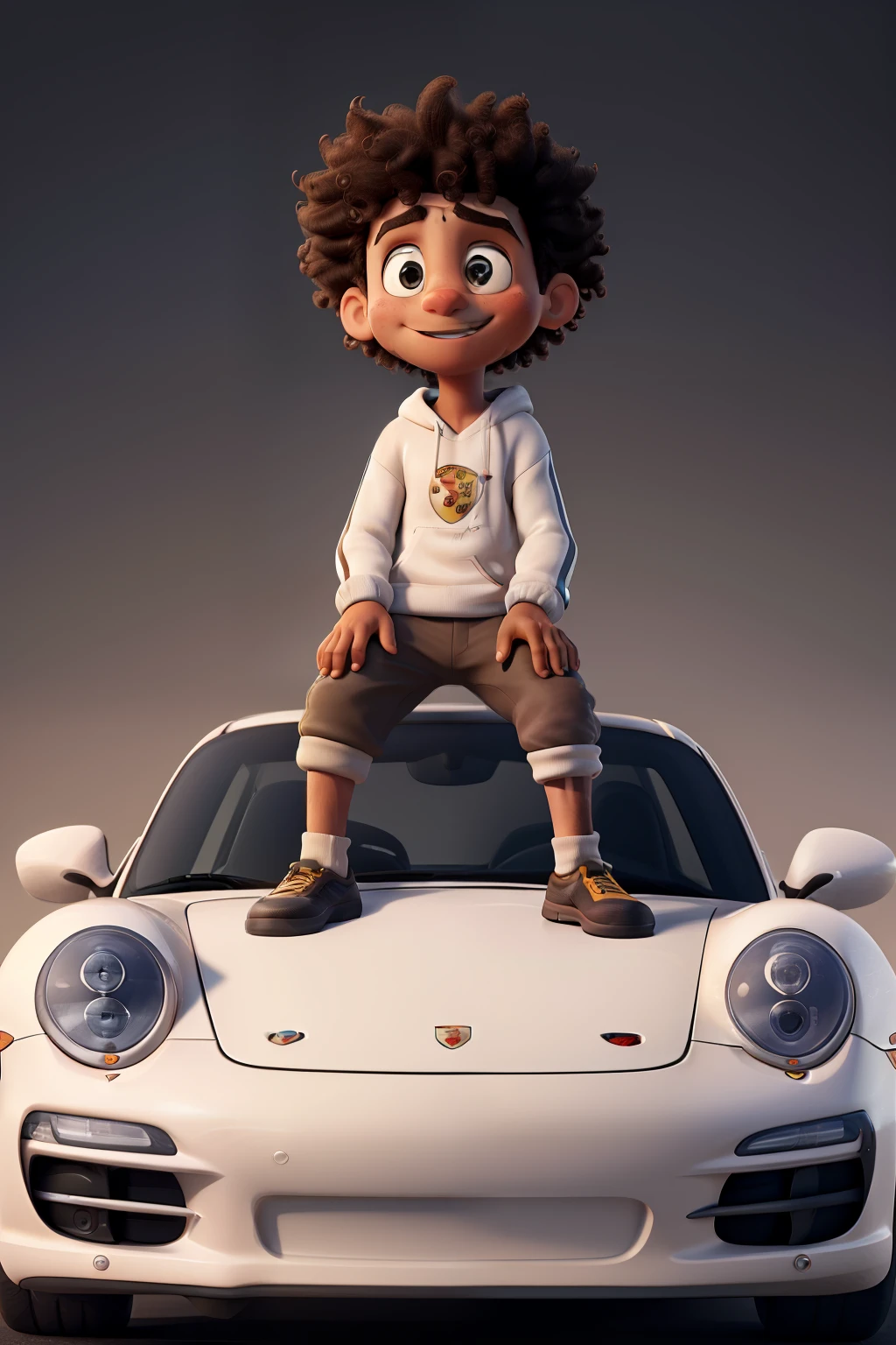 ((rico)), ((on top of a porsche 911)), (detailded), 1 boy, white sweatshirt, brazileiro, dark-skinned, blacksad, curly hair type 2c 3a, eyes browns, 17 years old, defined muscles, defined hair